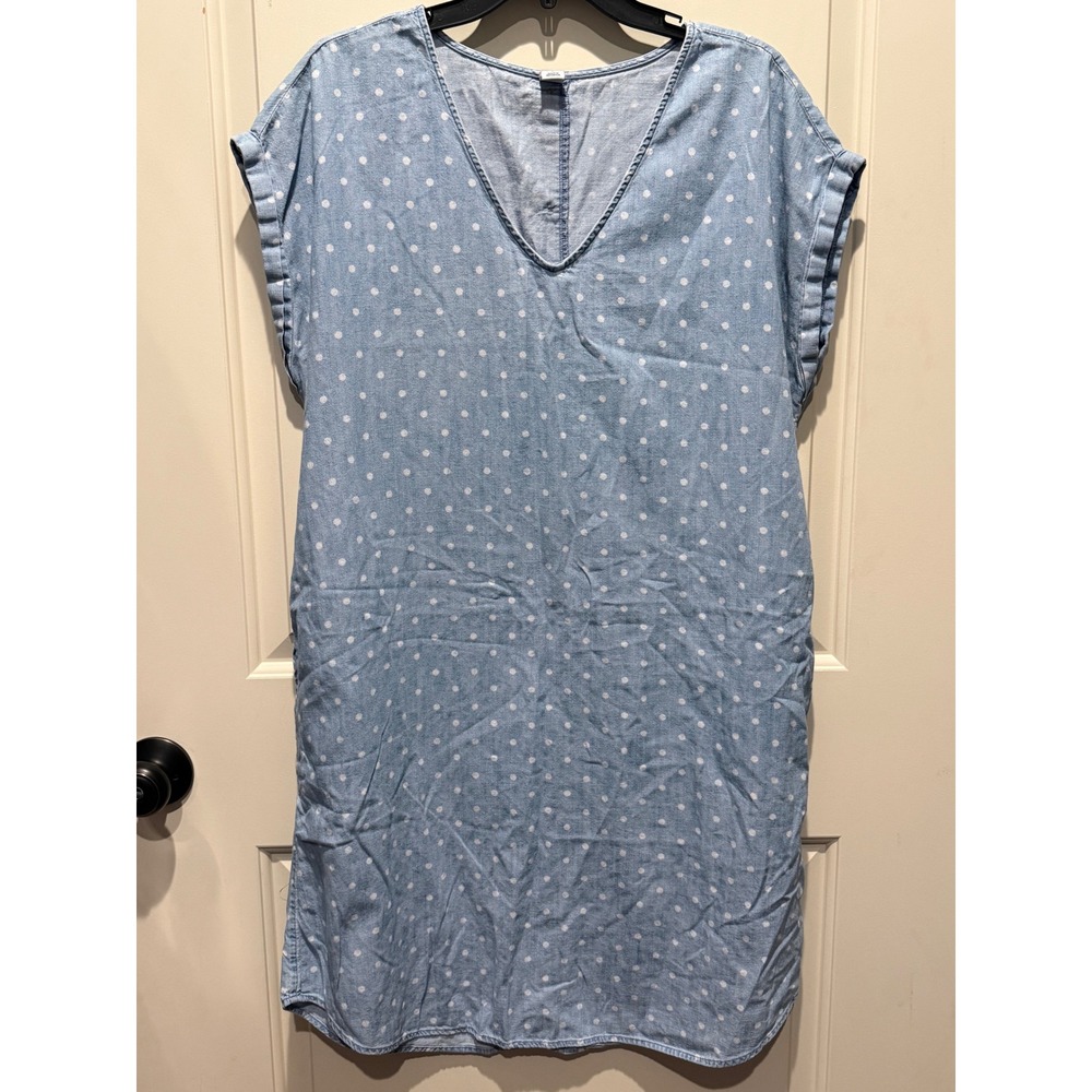 Old Navy Womens XL Denim Blue Polka Dot Cotton V-Neck Button Back Shift Dress